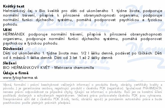 Informace o produktu:<br> Dětský čaj heřmánek od 1.týd.BIO 20x1.5gFytopharma