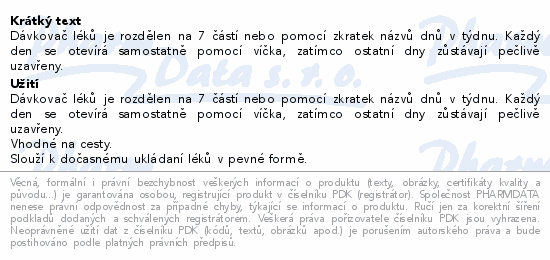 Informace o produktu:<br> Dávkovač léků 7 dní modrý