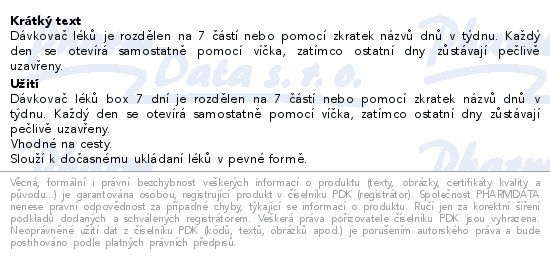Informace o produktu:<br> Dávkovač léků 7 dní růžový