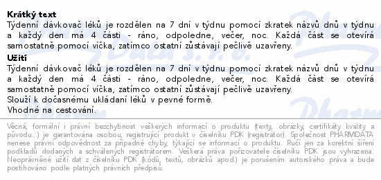 Informace o produktu:<br> Dávkovač léků 7 dní ráno/odpoledne/večer/noc