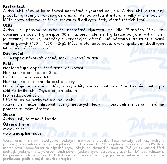Informace o produktu:<br> Klas Aktivní uhlí 210mg tbl.90