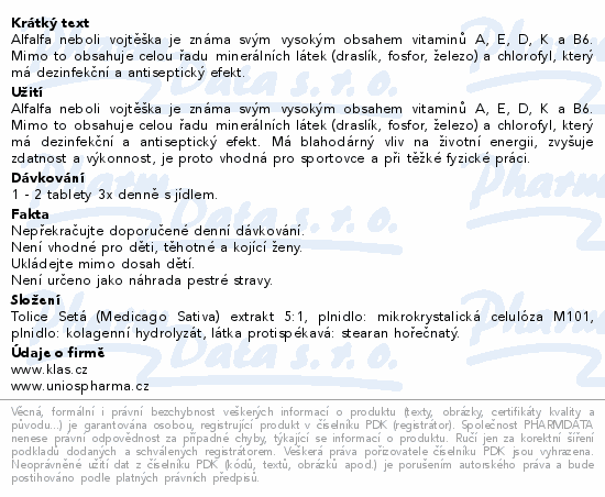 Informace o produktu:<br> Klas Alfalfa 1000mg tbl.90