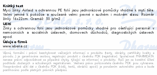 Informace o produktu:<br> ABENA Mycí žínka Airlaid s PE fólií 16x22cm 50ks