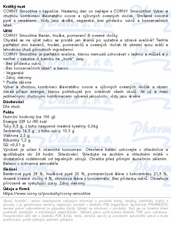 Informace o produktu:<br> CORNY SMOOTHIE banán/hruška/pomeranč/oves.vl. 120g