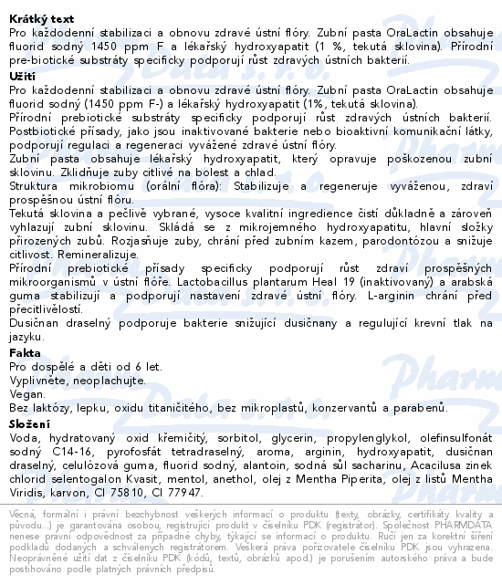 Informace o produktu:<br> ApaCare OraLactin remineralizační zub.pasta 75ml