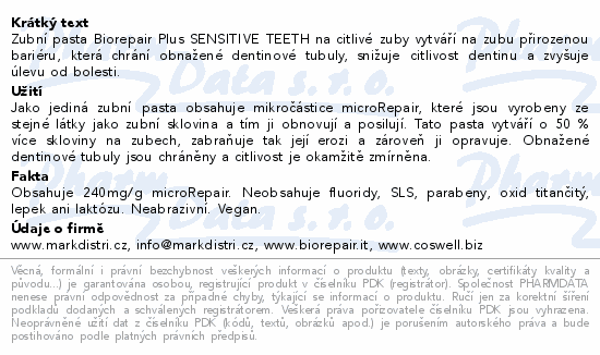 Informace o produktu:<br> Biorepair Plus Sensitive Teeth zubní pasta 75ml