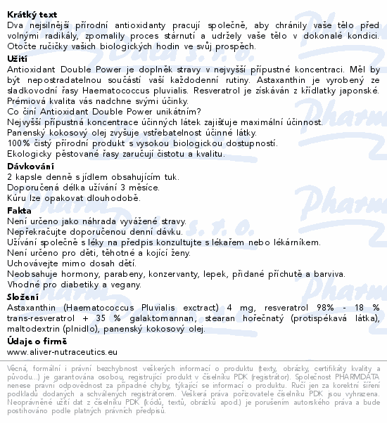 Informace o produktu:<br> ALIVER Antioxid.Double Power Astax.+Resver.cps.60