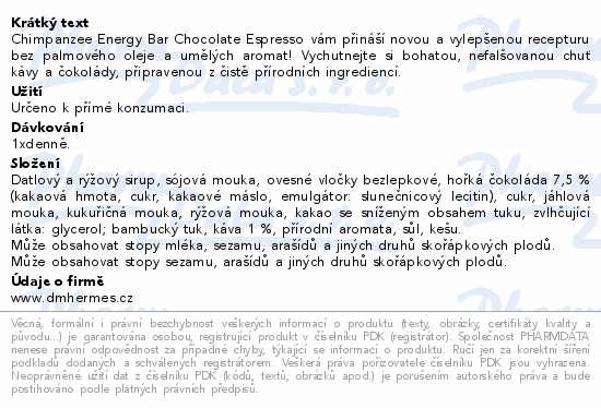 Informace o produktu:<br> Chimpanzee Energy Bar chocolate espresso 55g