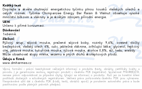 Informace o produktu:<br> Chimpanzee Energy Bar raisin&walnut 55g