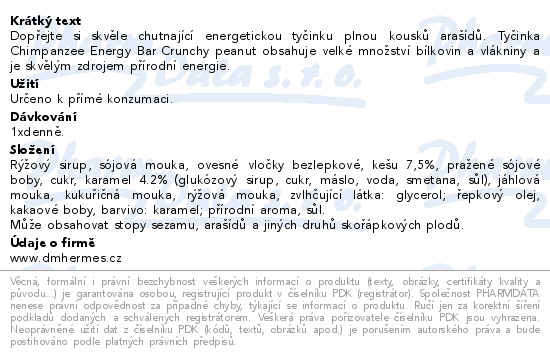 Informace o produktu:<br> Chimpanzee Energy Bar crunchy peanut 55g