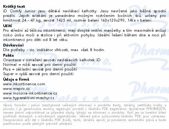 Informace o produktu:<br> iD Comfy Junior Pants 8-15let 24-47kg 14ks