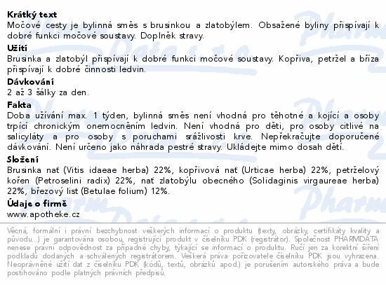 Informace o produktu:<br> Apotheke FAF UK Močové cesty čaj 20x2g