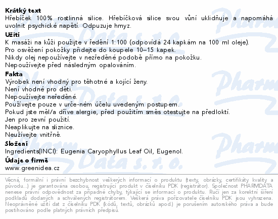 Informace o produktu:<br> Green idea Hřebíček 100% rostlinná silice 10ml