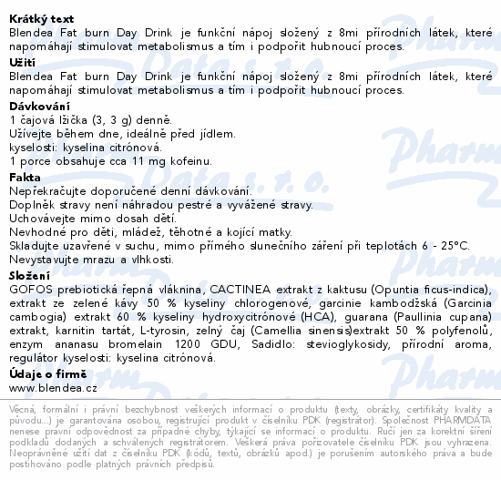 Informace o produktu:<br> Blendea Fatburn Day Drink broskev 100g