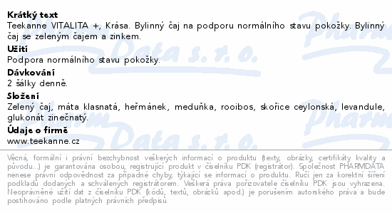 Informace o produktu:<br> TEEKANNE Vitalita+Krása se zinkem čaj 10x1.75g