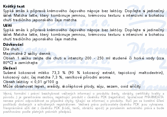 Informace o produktu:<br> Organis Matcha latte bez laktózy 27g