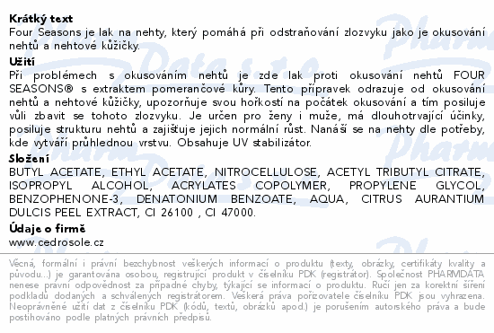 Informace o produktu:<br> Four Seasons lak proti okusování nehtů 12ml