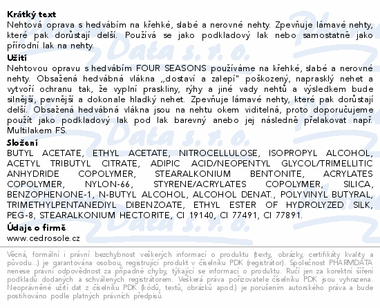 Informace o produktu:<br> Four Seasons nehtová oprava s hedvábím 12ml