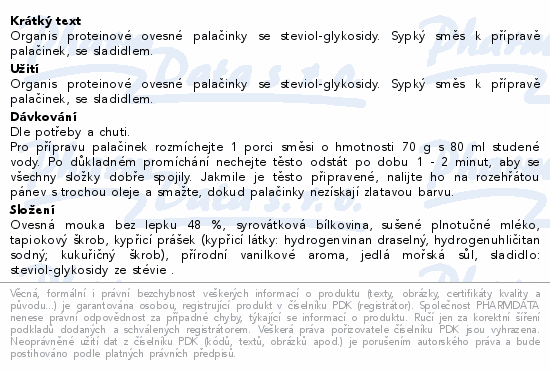 Informace o produktu:<br> Organis Proteinové palačinky bez příchutě 210g