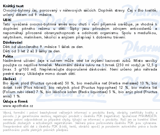 Informace o produktu:<br> Apotheke BIO Dětský Šípkový čaj 20x1.8g