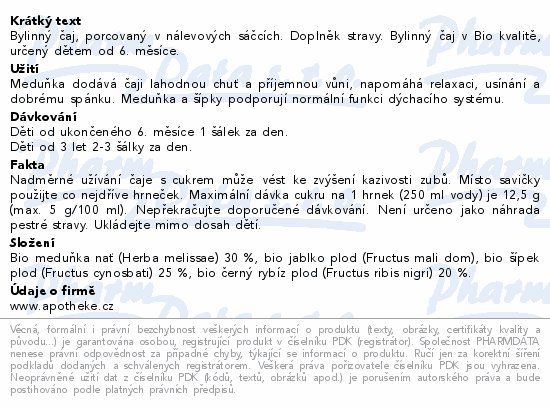 Informace o produktu:<br> Apotheke BIO Dětský Meduňkový čaj 20x2g