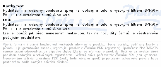 Informace o produktu:<br> Holika Holika Aloe Cool.sprej na opal.SPF50+ 100ml