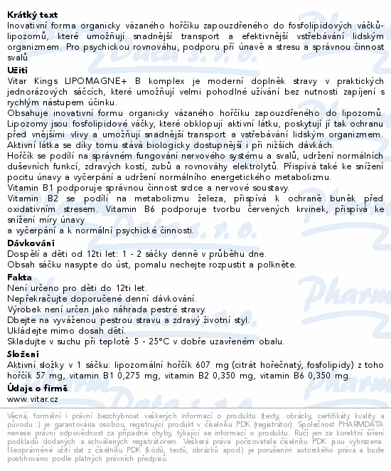 Informace o produktu:<br> Vitar LIPOMAGNE+B komplex 20x2g