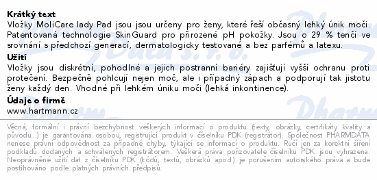 Informace o produktu:<br> MoliCare Lady Pad inkont.vložky 1k 12ks