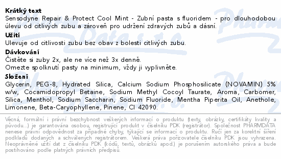Informace o produktu:<br> Sensodyne Repair&Protect Cool Mint zub.pasta 75ml