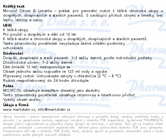 Informace o produktu:<br> Movicol k léčbě zácpy citron+limetka 10x13.8g