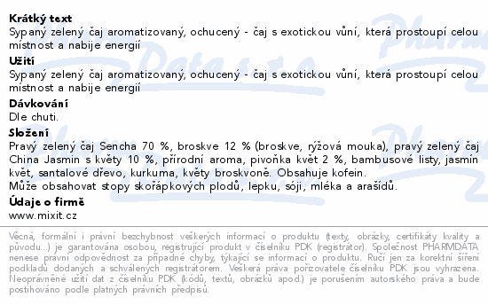 Informace o produktu:<br> Mixi MixiTea Zelený čaj Senza Broskev 65g